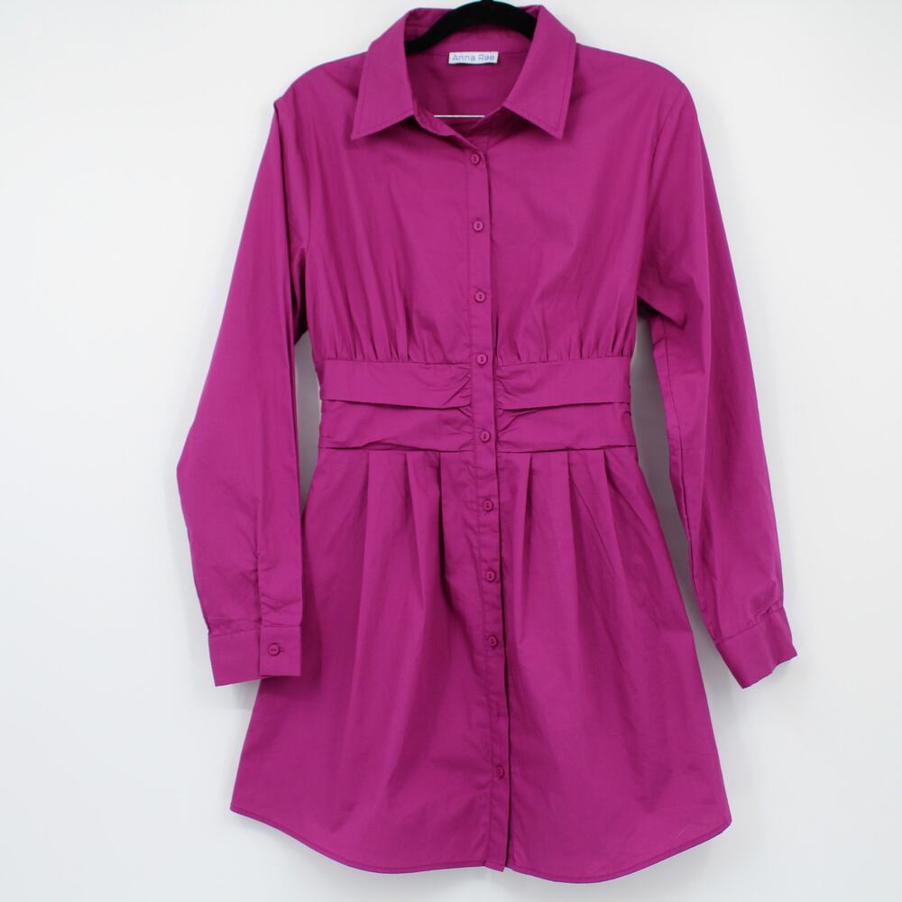 Anna Rae Long Sleeve Mini Shirt Dress Button Front Pockets Pink Size XS